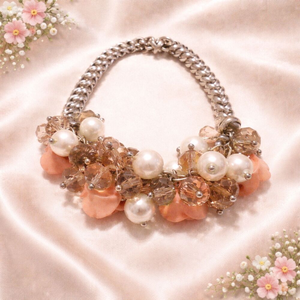 Faux Pearl Crystal and Flower Beaded Gold Tone Stretch Bracelet